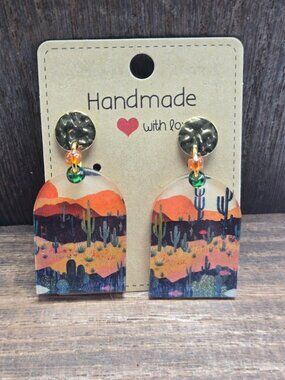 NWT Cactus Desert Earrings Pierced Southwest Acrylic Glass Beads Gold Tone OOAK